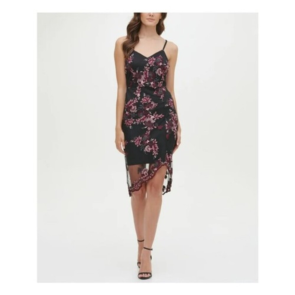 NWT GUESS Womens Black Floral Spaghetti Strap Asymmetrical Bodycon Dress Size 4